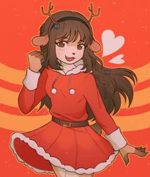  anthro antler_headband brown_body brown_eyes brown_fur brown_hair christmas christmas_clothing christmas_dress clothing deer dress female fur hair hi_res holidays kobbii3 looking_at_viewer mammal open_mouth smile solo standing 