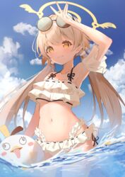  absurdres armpits bikini blue_archive blue_sky cloud commentary day eyewear_on_head female frilled_bikini frills hair_flaps halo hifumi_(blue_archive) hifumi_(swimsuit)_(blue_archive) highres light_brown_hair low_twintails navel ocean official_alternate_costume outdoors ribbon-trimmed_bikini ribbon-trimmed_swimsuit ribbon_trim side-tie_bikini_bottom sky sunglasses swimsuit tomo_(tomosa011326) twintails water white_bikini yellow_eyes 