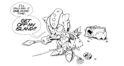  2023 angry anklet anthro armor biped bracelet bruised classic_sonic_(universe) clothed clothing dialogue english_text eyelashes female footwear frown girdled_lizard gloves handwear headgear helmet jewelry lizard melee_weapon mellodillo monochrome polearm reptile scalie scowl sega shadow sharp_teeth shoes simple_background solo sonic_the_hedgehog_(series) spear speech_bubble spikes spikes_(anatomy) standing sungazer_(lizard) tail teeth text thin_calves thin_legs thin_thighs torn_clothing trip_the_sungazer weapon white_background wounded 