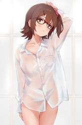  absurdres arm_up bespectacled blush bottomless breasts brown-framed_eyewear collarbone female glasses head_tilt highres idolmaster idolmaster_million_live! indoors kasuga_mirai koaya looking_at_viewer medium_breasts naked_shirt one_side_up see-through_silhouette shirt solo white_shirt yellow_eyes 