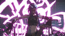  absurdres arcane:_league_of_legends arcane_jinx arm_tattoo bare_shoulders blue_hair braid cloud_tattoo commentary crop_top english_commentary female fingerless_gloves gloves glowing glowing_eyes gun highres holding holding_gun holding_weapon jinx_(league_of_legends) league_of_legends long_hair looking_at_viewer pink_eyes shanevmm shoulder_tattoo solo stomach_tattoo tattoo twin_braids weapon 