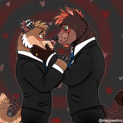  1:1 anthro blush canid canine canis clothing digit_ring dingo domestic_dog duo heart_symbol hi_res intersex intersex/male jewelry male male/male mammal ring romantic suit_and_tie trans_(lore) trans_man_(lore) wedding wedding_ring yamatopawa 