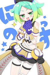  :d bare_shoulders baseball_mitt black_skirt blue_hair blush bracelet character_name cowboy_shot cropped_shirt female gradient_hair green_eyes green_hair hands_up highres idol_clothes idol_time_pripara jewelry looking_at_viewer marueri midriff multicolored_hair nijiiro_nino oerba_yun_fang open_mouth pretty_series pripara shirt short_hair shorts skirt smile socks solo sparkle standing v-shaped_eyebrows white_shirt white_shorts white_socks 