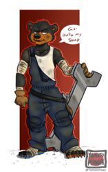  alpha_channel anthro bandage bear clothing furrowed_eyebrows grease_stains male mammal mechanic overalls paws shirt snarling solo speech_bubble tape tools topwear undershirt wrench yamato_burr yamatopawa 