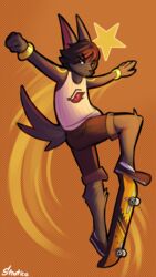  2018 4_fingers action_pose anthro arm_markings arm_tuft artist_name biped black_body black_ears black_fur black_hair black_nose black_sneakers black_tail black_tuft bottomwear bracelet brown_bottomwear brown_clothing brown_shorts canid canine canis clothed clothed_anthro clothed_male clothing colored digital_drawing_(artwork) digital_media_(artwork) elbow_tuft eye_print eye_through_hair eyebrow_through_hair eyebrows fingers front_view full-length_portrait fur fur_tuft glistening glistening_eyes gold_(metal) gold_bracelet gold_jewelry green_eyes hair halftone halftone_background hi_res isaac_(kabula) jackal jersey jewelry looking_at_viewer male male_anthro mammal markings motion_lines orange_background pattern_background portrait pose prick_ears shaded shorts shoulder_markings signature simple_background skateboard skateboarding solo star stratica tail text topwear translucent translucent_hair tuft vehicle white_jersey white_text yellow_markings yellow_star 