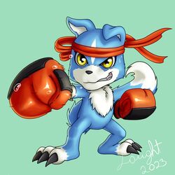  1:1 accessory anthro bandai_namco blue_body blue_fur bodily_fluids boxing_gloves canid canine canis claws clothing digimon digimon_(species) domestic_dog fur gaomon grin handwear headband hi_res laught468 male mammal punch smile solo sweat toe_claws yellow_eyes 