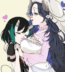  2girls absurdres between_breasts black_dress black_gemstone black_hair black_nails blue_hair breasts brown_background chest_belt coif commentary_request curled_horns demon_girl demon_horns demon_tail dress face_between_breasts grey_horns hair_between_eyes head_between_breasts heart hebiyoi_tier hebiyoi_tier_(2nd_costume) highres holding_hands horns interlocked_fingers large_breasts long_hair medium_bangs multicolored_hair multiple_girls nanashi_inc. nun open_mouth pacifier panyatteria pointy_ears red_eyes shishio_chris shishio_chris_(3rd_costume) short_hair short_sleeves simple_background smile tail two-tone_hair upper_body virtual_youtuber wavy_hair white_dress yuri 