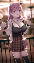  absurdres animal_ears bag between_breasts black_shirt black_thighhighs blurry blurry_background breasts brown_skirt cardigan carrying_bag cat_ears commentary_request depth_of_field fake_animal_ears female hair_ornament handbag highres holding holding_hands holding_ice_cream_cone ice_cream_cone large_breasts long_sleeves looking_at_viewer medium_hair mochirong mole mole_on_breast nail_polish oerba_yun_fang open_cardigan open_clothes open_mouth original outdoors pink_eyes pink_hair pink_nails pleated_skirt shirt shirt_tucked_in skirt solo_focus standing strap_between_breasts thighhighs white_cardigan zettai_ryouiki 