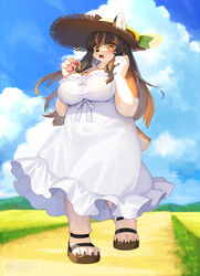  4_fingers 4_toes anthro big_breasts bow_ribbon breasts brown_hair canid canine canis chunithm_luminous claws clothing cloud domestic_dog dress feet female field fingers flower footwear frilly frilly_clothing fur hair hat headgear headwear hi_res kishibe mammal mimimi_(sega) mountain noon orange_body orange_eyes orange_fur orange_hair pawpads plant road sandals sega sky slightly_chubby slightly_chubby_female solo straw_hat sun_hat sundress sunflower surprised_expression toe_claws toes white_body white_clothing white_dress white_fur 