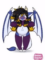  ambershark animated anthro belly belly_expansion big_belly blush clothed clothing dragon expansion female hair horn multicolored_hair mythological_creature mythological_scalie mythology pregnant rapid_pregnancy reptile scalie short_playtime solo swissy tagme tail two_tone_hair wings 