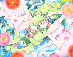  2girls arm_up bare_shoulders blue_eyes blurry blurry_foreground blush breasts colored_eyelashes dress dual_persona falulu falulu_(awakened) flower forehead_jewel green_hair headphones highres long_hair looking_at_another lying lying_on_water marueri medium_breasts multiple_girls on_back open_mouth orange_flower parted_bangs partially_submerged petals pink_dress pink_flower pretty_series pripara profile rotational_symmetry sidelocks sleeveless sleeveless_dress smile twintails 