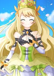  bare_shoulders bow breasts butterfly_hair_ornament celine_(fire_emblem) closed_eyes cross-laced_clothes cross-laced_dress crown dress dress_bow facing_viewer female fire_emblem fire_emblem_engage hair_ornament highres kojikoji_(kojikoji_illust) long_hair orange_bow orange_gemstone orange_wristband petals princess small_breasts solo very_long_hair wrist_bow yellow_dress 