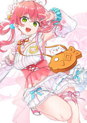  35p_(sakura_miko) :d ahoge armpits bag breasts cleavage commentary_request detached_collar detached_sleeves double-parted_bangs female food-themed_bag frilled_kimono frilled_skirt frilled_sleeves frills green_eyes hair_ornament hair_rings hairclip handbag highres hololive japanese_clothes kimono knee_up layered_skirt leg_ribbon lolita_fashion long_hair looking_at_viewer medium_breasts motoraku name_tag neck_ribbon official_alternate_costume official_alternate_hairstyle open_mouth petticoat pink_footwear pink_hair pleated_skirt pom_pom_(clothes) pom_pom_hair_ornament ribbon sakura_miko sakura_miko_(new_year) sandals skirt sleeveless sleeveless_kimono smile socks solo sweet_lolita tabi thigh_ribbon twintails underbust v_over_eye virtual_youtuber wa_lolita white_skirt white_sleeves white_socks zouri 