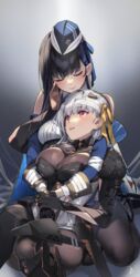  2girls 92m armored_legwear bandaged_head bandages black_bodysuit black_gloves black_hair blue_headwear blue_ribbon bodysuit breasts cleavage closed_eyes closed_mouth commentary dual_persona gloves goddess_of_victory:_nikke gradient_background grey_background hair_ribbon hand_on_another&#039;s_cheek hand_on_another&#039;s_face highres large_breasts long_sleeves looking_at_another lying_on_person marian_(nikke) modernia_(nikke) multiple_girls parted_bangs red_eyes ribbon selfcest simple_background skin_tight smile symbol-only_commentary white_hair yellow_ribbon yuri 