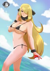  absurdres artist_logo bad_id bad_pixiv_id bikini black_bikini blonde_hair blue_sky blurry blurry_background breasts closed_mouth cloud cynthia_(pokemon) day female from_side fur_collar fur_cuffs hair_ornament hair_over_one_eye highres holding holding_poke_ball index_finger_raised large_breasts long_hair looking_at_viewer navel ocean outdoors poke_ball poke_ball_(basic) pokemon pokemon_dppt purple_nails sky smile solo stomach strap_gap string_bikini swimsuit theshini thighs very_long_hair 