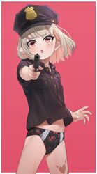  aiming aiming_at_viewer black_panties blonde_hair border bow bow_panties female floral_print gun hat highres holding holding_gun holding_weapon leg_tattoo looking_at_viewer makaino_ririmu multicolored_hair nijisanji no_pants oerba_yun_fang open_mouth panties pink_background pink_hair pointing_weapon pointy_ears police_hat print_panties red_eyes rose_print sabamen short_hair simple_background skin_fang solo standing streaked_hair tattoo underwear virtual_youtuber weapon white_border 