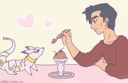  ambiguous_gender bandai_namco clocky_(artist) dessert digimon digimon_(species) duo eating feral food heart_symbol human ice_cream kudamon male mammal satsuma_rentarou 