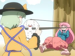  2girls clothes_writing commentary_request emoticon expressionless expressive_clothes friday_the_13th green_hair hat hat_ribbon hata_no_kokoro hockey_mask jason_voorhees komeiji_koishi long_hair long_sleeves mask mouth_mask multiple_girls pink_eyes pink_hair pulling_back ribbon rubber_band shirosato shirt sitting skirt touhou trembling very_long_hair wide_sleeves 