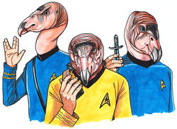  5_fingers accipitriform animal_head anthro avian beak bird blue_clothing blue_eyes blue_topwear clothed clothing fingers for_a_head gesture group holding_object human humanoid humanoid_hands hybrid hypospray james_t._kirk leonard_mccoy looking_at_viewer male mammal marker_(artwork) parody simple_background spock star_trek star_trek_the_original_series sweater terrie_smith topwear traditional_media_(artwork) uniform vulcan_salute vulture white_background yellow_clothing yellow_topwear 