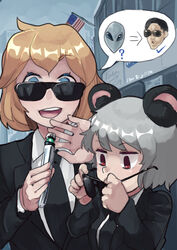  2girls alice_margatroid alien alternate_costume american_flag animal_ears black_jacket black_necktie blonde_hair blue_eyes breasts collared_shirt commentary cookie_(touhou) formal fuka_(kantoku) grey_alien grey_hair highres jacket kofji_(cookie) looking_at_viewer men_in_black mouse_ears multiple_girls nazrin necktie open_mouth outdoors parody red_eyes shirt short_hair suit sunglasses syamu_game touhou upper_body web_(cookie) white_shirt 