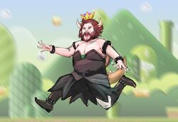  1boy armlet black_dress black_nails boots bowsette bowsette_(cosplay) bracelet brown_hair commentary cosplay crossdressing dress english_commentary fat full_body highres horns jack_black jewelry male_focus mario_(series) new_super_mario_bros._u_deluxe obese open_mouth real_life running solo spiked_armlet spiked_bracelet spiked_tail spikes strapless strapless_dress super_crown tail tectiger_vh teeth the_super_mario_bros._movie tongue 