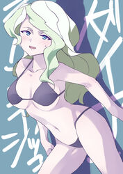  bikini blonde_hair blue_background blue_eyes blush breasts collarbone coveredcore cowboy_shot diana_cavendish female highres leaning_forward light_green_hair little_witch_academia long_hair looking_at_viewer medium_breasts multicolored_hair navel open_mouth purple_bikini smile solo standing sweatdrop swimsuit thighs two-tone_hair wavy_hair 