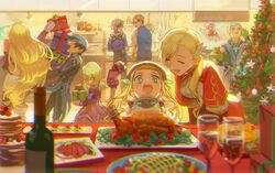  4boys 5girls black_hair blonde_hair bottle brothers chicken_(food) christmas christmas_tree commentary_request elize_lutus elle_mel_martha fairy fairy_wings feline food gift glasses green_hair hair_ornament highres indoors ix_nieves jude_mathis julius_will_kresnik karia_(tales) ludger_will_kresnik meipu_hm mileena_weiss milla_maxwell multicolored_hair multiple_boys multiple_girls necktie open_mouth pants rollo_(tales) shirt siblings side_ponytail suspenders table tales_of_(series) tales_of_the_rays tales_of_xillia tales_of_xillia_2 teepo_(tales) two-tone_hair vest wine_bottle wings 