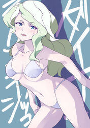  bikini blonde_hair blue_background blue_eyes blush breasts collarbone coveredcore cowboy_shot diana_cavendish female highres leaning_forward light_green_hair little_witch_academia long_hair looking_at_viewer medium_breasts multicolored_hair navel open_mouth smile solo standing sweatdrop swimsuit thighs two-tone_hair wavy_hair white_bikini 