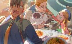  2boys black_hair blonde_hair blue_eyes brothers closed_eyes commentary_request day eating elle_mel_martha feeding feline female food fork glasses green_eyes highres indoors julius_will_kresnik ludger_will_kresnik male_focus meipu_hm multicolored_hair multiple_boys necktie pants pasta rectangular_eyewear rollo_(tales) shirt siblings spaghetti suspenders tales_of_(series) tales_of_xillia tales_of_xillia_2 two-tone_hair vest 