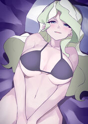  bed bikini blonde_hair blue_eyes blush breasts collarbone coveredcore diana_cavendish female highres light_green_hair little_witch_academia long_hair looking_at_viewer lying medium_breasts multicolored_hair navel no_panties on_bed open_mouth purple_bikini smile solo swimsuit two-tone_hair wavy_hair 