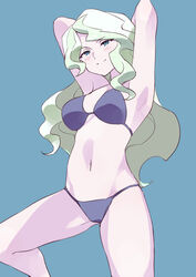  armpits arms_behind_head arms_up bikini blonde_hair blue_background blue_eyes blush breasts coveredcore cowboy_shot diana_cavendish female hands_up head_tilt highres leg_up light_green_hair little_witch_academia long_hair looking_at_viewer medium_breasts multicolored_hair navel open_mouth purple_bikini simple_background smile solo standing standing_on_one_leg swimsuit two-tone_hair wavy_hair 