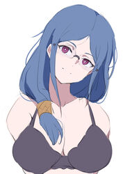  bad_id bad_twitter_id black_bra blue_hair bra breasts bright_pupils cleavage collarbone coveredcore female glasses hair_over_shoulder head_tilt highres large_breasts light_smile little_witch_academia long_hair looking_at_viewer red_eyes sidelocks simple_background smile solo underwear ursula_charistes white_background white_pupils 