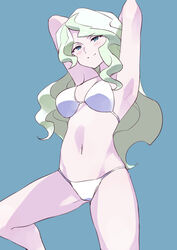  armpits arms_behind_head arms_up bikini blonde_hair blue_background blue_eyes blush breasts coveredcore cowboy_shot diana_cavendish female hands_up head_tilt highres leg_up light_green_hair little_witch_academia long_hair looking_at_viewer medium_breasts multicolored_hair navel open_mouth simple_background smile solo standing standing_on_one_leg swimsuit two-tone_hair wavy_hair white_bikini 