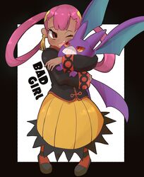  commentary_request crobat dark-skinned_female dark_skin earrings english_text female hair_rings highres hug jewelry long_sleeves one_eye_closed pink_hair pokemon pokemon_(creature) pokemon_masters_ex punk_girl_(pokemon) skirt twintails umiru yellow_skirt 