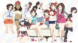  6+girls absurdres adapted_costume agedo ahoge alola_mother arm_up artist_logo ass bandana black_panties black_tank_top black_thighhighs blue_eyes blue_hair blue_leotard blue_shirt blue_shorts bow breasts brown_eyes brown_hair caroline_(pokemon) cleavage closed_eyes clothes_lift collared_shirt commentary cosplay couch crop_top crossed_legs dark-skinned_female dark_skin dawn_(pokemon) dawn_(pokemon)_(cosplay) delia_ketchum drill_hair earrings english_commentary eyelashes from_behind galar_mother glasses gloria_(pokemon) gloria_(pokemon)_(cosplay) grace_(pokemon) green_ribbons grey_socks hair_ornament hair_ribbon hairband hand_on_own_hip head_tilt highres hilda_(pokemon) hilda_(pokemon)_(cosplay) holding huge_breasts impossible_clothes jewelry johanna_(pokemon) johto_mother kneehighs large_breasts leaf_(pokemon) leaf_(pokemon)_(cosplay) legs leotard licking_lips long_hair long_sleeves looking_at_viewer looking_back looking_to_the_side lyra_(pokemon) lyra_(pokemon)_(cosplay) mature_female may_(pokemon) may_(pokemon)_(cosplay) medium_breasts medium_hair midriff miniskirt mole mole_under_eye multiple_girls nail_polish naranja_academy_school_uniform navel no_shoes on_ground orange_shorts paldea_mother panties pants parted_bangs parted_lips pink_bow pink_skirt pleated_skirt pokemon pokemon_(anime) pokemon_bw pokemon_bw2 pokemon_dppt pokemon_frlg pokemon_hgss pokemon_rse pokemon_rse_(anime) pokemon_sm pokemon_sv pokemon_swsh pokemon_xy ponytail r3dfive red_footwear red_hairband red_headwear red_skirt ribbon rosa_(pokemon) rosa_(pokemon)_(cosplay) sandals school_uniform selene_(pokemon) selene_(pokemon)_(cosplay) serena_(pokemon) serena_(pokemon)_(cosplay) shadow shirt shoe_dangle short_hair short_sleeves shorts side_ponytail sideboob sidelocks sitting skirt skirt_lift sleeveless slippers smile socks soles spread_legs standing striped_background striped_clothes striped_shorts swept_bangs tank_top thighhighs thighs tied_shirt tilted_headwear tiptoes toenail_polish toenails toes tongue tongue_out torn_clothes torn_pants torn_shorts twin_drills two-tone_shirt undersized_clothes underwear unova_mother_(bw) unova_mother_(bw2) v visor_cap white_footwear white_shirt white_socks yellow_shirt yokozuwari 