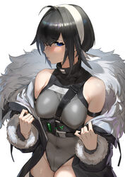  absurdres adapted_costume ahoge arknights arm_strap armpit_crease bare_shoulders between_breasts black_coat black_hair blue_eyes blush breasts cameltoe chinese_commentary coat commentary_request covered_navel covered_nipples cowboy_shot crossed_bangs dawalixi feather_hair female fur-trimmed_coat fur-trimmed_sleeves fur_trim grey_leotard groin hair_between_eyes hair_intakes hair_over_one_eye hairband hands_up highres la_pluma_(arknights) leotard long_sleeves looking_at_viewer looking_to_the_side medium_breasts nose_blush off_shoulder one_eye_covered open_clothes open_coat parted_lips short_hair sideways_glance simple_background solo standing sweat white_background white_hairband 