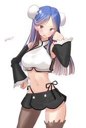  adapted_costume asymmetrical_legwear black_pantyhose black_skirt blue_hair breasts bun_cover chinese_clothes cowboy_shot crop_top detached_sleeves double_bun female hair_bun highleg highleg_panties kantai_collection large_breasts long_hair miniskirt multicolored_hair navel one-hour_drawing_challenge panties pantyhose red_hair side-tie_panties simple_background single_thighhigh skirt solo south_dakota_(kancolle) star_(symbol) tetsukuzu_(yajirushi_shita) thighhighs twitter_username underwear uneven_legwear white_background white_hair 