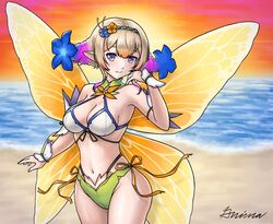  alternate_costume beach bikini breasts cleavage commission drill_hair fairy_wings female fire_emblem fire_emblem_heroes flower flower_ornament grimaisbestwaifu hair_flower hair_ornament hand_up highres looking_at_viewer medium_breasts navel ocean outdoors peony_(fire_emblem) pointy_ears purple_eyes ribbon-trimmed_bikini short_bangs signature smile solo standing swimsuit twin_drills white_bikini wings 