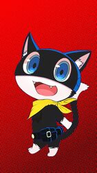  2023 anthro atlus bandana belt belt_pouch black_body black_fur blue_eyes chibi clothing digital_drawing_(artwork) digital_media_(artwork) digital_painting_(artwork) domestic_cat felid feline felis fur hi_res kerchief long_tail looking_at_viewer male mammal markings mask megami_tensei megami_tensei_persona morgana_(persona) open_mouth persona_(series) persona_5 roshu39 scarf sega simple_background smile solo tail tail_markings tuxedo_cat white_body white_fur yellow_scarf 