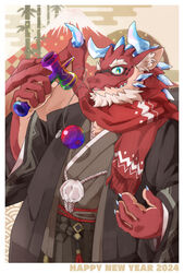  anthro asian_clothing bamboo chinese_zodiac claws clothing dragon east_asian_clothing eyewear galvo glasses hi_res horn japanese_clothing kimono lifewonders live_a_hero male mature_male mount_fuji mythological_creature mythological_scalie mythology new_year_2024 ottyo_kope red_body scalie scarf solo year_of_the_dragon 