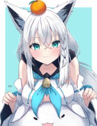  absurdres animal_ear_fluff animal_ears blue_neckerchief blush braid breast_rest breasts commentary_request detached_sleeves earrings ebifly401 female food food_on_head fox_ears fox_girl fruit fruit_on_head fubuzilla_(shirakami_fubuki) green_eyes hair_between_eyes highres hololive hood hoodie jewelry long_hair looking_at_viewer mandarin_orange medium_breasts neckerchief object_on_head shirakami_fubuki shirakami_fubuki_(1st_costume) sidelocks single_braid smile virtual_youtuber white_hair white_hoodie 