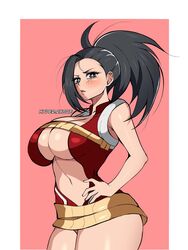  artist_name bare_shoulders blush boku_no_hero_academia border breasts cleavage cleavage_cutout clothing_cutout cowboy_shot female hand_on_own_hip high_ponytail highres hyper.rxgue large_breasts leotard looking_at_viewer open_mouth pink_background red_leotard solo teeth thighs upper_teeth_only white_border yaoyorozu_momo 