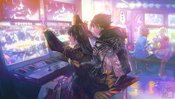  ... 1boy 3girls arcade arcade_cabinet arms_up artist_name bench beret black_hair blonde_hair boots brown_hair commentary english_commentary hat hood hoodie jacket kazama_asuka kazama_jin lili_(tekken) ling_xiaoyu miyukiko multiple_girls neon_palette open_mouth sitting smile speech_bubble spoken_ellipsis sweatdrop tekken tekken_8 twintails 