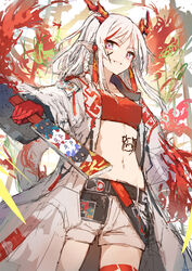  arknights arm_up bandeau body_writing braid chong_yue_(arknights) coat colored_skin cowboy_shot cross cross_facial_mark dragon_bubble_(arknights) dragon_girl dragon_horns dusk_(arknights) earrings facial_mark female highres holding holding_stick horns jewelry k_futoshi_0n0 lava_(arknights) leg_tattoo ling_(arknights) long_sleeves looking_at_viewer new_year nian_(arknights) open_clothes open_coat pointy_ears ponytail purple_eyes red_bandeau red_skin shorts solo stick tassel tassel_earrings tattoo white_coat white_hair white_shorts 