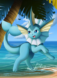  2020 artist_name beach blue_body blue_eyes blue_skin blue_sky bokurei cloud day digital_media_(artwork) digital_painting_(artwork) dorsal_fin ear_fins eeveelution eyelashes falling_leaves female feral fin flukes frill_(anatomy) generation_1_pokemon happy head_fin hi_res leaf looking_away looking_back nature nintendo open_mouth outside palm_tree paws plant pokemon pokemon_(species) quadruped running sand sea seaside sky small_nose smile solo splash tail tail_fin thick_tail tongue tree vaporeon water 