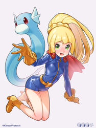  :d blonde_hair blue_bodysuit bodysuit boots braid breasts clenched_hand commentary_request cosplay dragon_tamer_(pokemon) dragon_tamer_(pokemon)_(cosplay) dratini eyelashes female gloves green_eyes hand_up highres kinocopro legs lillie_(pokemon) long_hair looking_at_viewer lower_teeth_only open_mouth pokemon pokemon_(creature) pokemon_sm pokemon_sv ponytail ponytail_with_braided_base simple_background smile spread_fingers teeth tongue twitter_username watermark white_background 