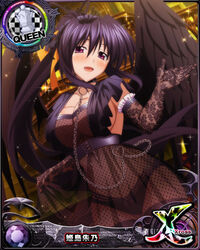  angel_wings black_hair black_wings blush breasts card_(medium) chains character_name chess_piece cleavage collar demon_wings elbow_gloves fallen_angel female gloves hair_between_eyes heart high_school_dxd high_school_dxd_cross himejima_akeno large_breasts looking_at_viewer official_art open_mouth panties ponytail purple_eyes queen_(chess) see-through sideboob solo thighhighs tongue underwear wings 