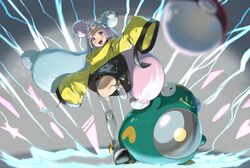  :d absurdres bellibolt bike_shorts blurry blurry_foreground blush bow-shaped_hair character_hair_ornament commentary_request female green_hair grey_footwear hair_ornament happy highres iono_(pokemon) iroiro_yaru_hito jacket leg_up long_hair multicolored_hair open_mouth pink_hair poke_ball poke_ball_(basic) pokemon pokemon_(creature) pokemon_sv shoes single_leg_pantyhose sleeves_past_fingers sleeves_past_wrists smile solo teeth tongue twintails two-tone_hair upper_teeth_only yellow_jacket 