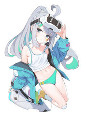  ahoge ataruman bandage_on_knee bandaid bandaid_on_cheek bandaid_on_face blue_jacket breasts closed_mouth crop_top epinel_(nikke) female goddess_of_victory:_nikke green_eyes green_hair green_panties head-mounted_display highres holding holding_skateboard hood hood_down hoodie jacket long_hair looking_at_viewer midriff multicolored_hair navel off_shoulder open_clothes open_jacket panties ponytail shoes simple_background skateboard small_breasts sneakers socks solo star_sticker sticker_on_face strap_slip tank_top two-tone_hair underwear white_background white_socks white_tank_top yellow_footwear 