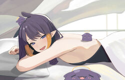  backless_dress backless_outfit bare_arms bare_shoulders black_dress blue_eyes breasts dress english_commentary female hololive hololive_english ku_roiko light_blush lying mole mole_under_eye narrowed_eyes ninomae_ina&#039;nis ninomae_ina&#039;nis_(1st_costume) oerba_yun_fang on_bed on_stomach open_mouth pointy_ears purple_hair sideboob sleeveless sleeveless_dress small_breasts smile solo takodachi_(ninomae_ina&#039;nis) tentacle_hair tongue under_covers virtual_youtuber 